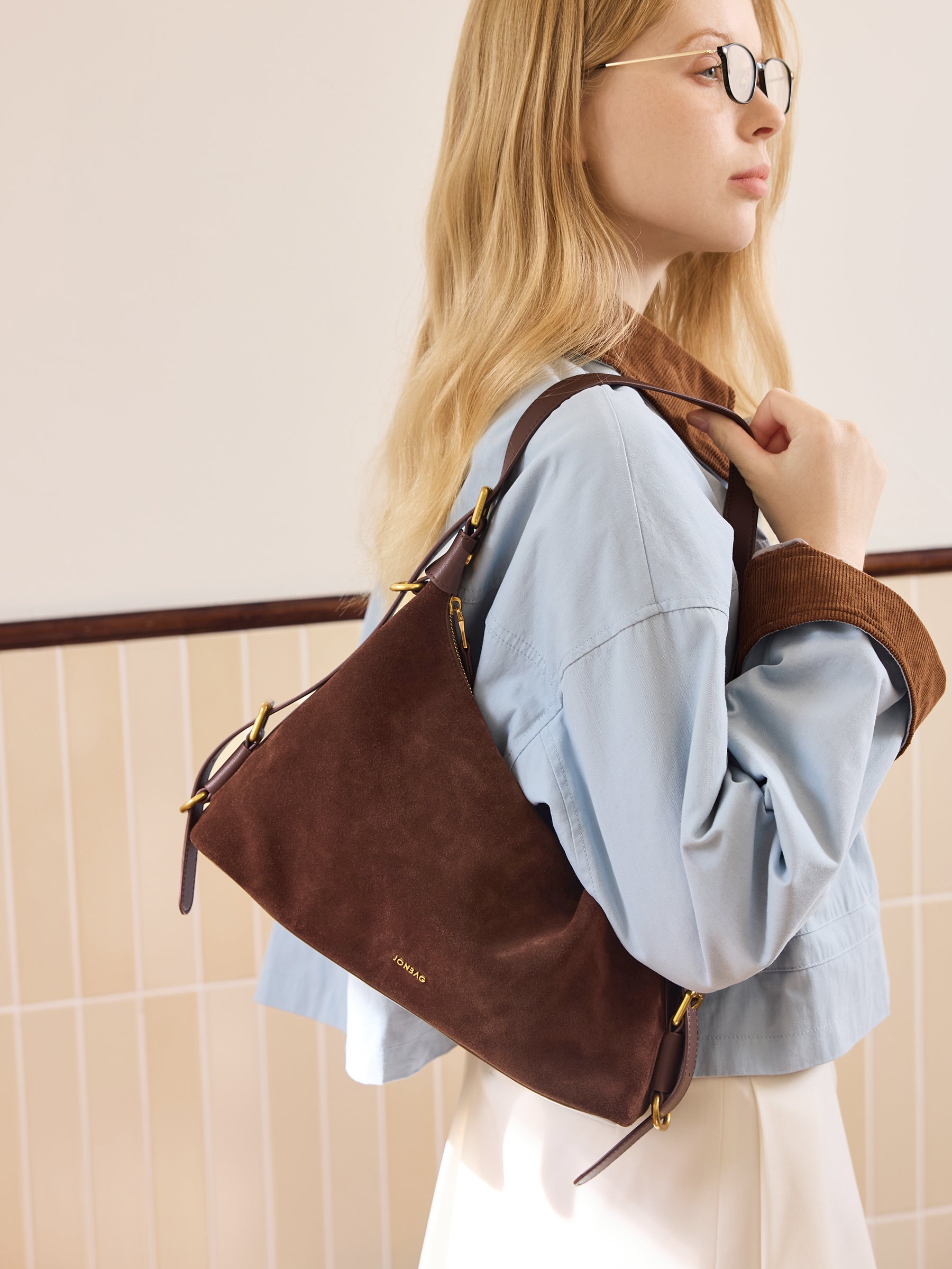 Leather Hobo Bag with Ring Buckle