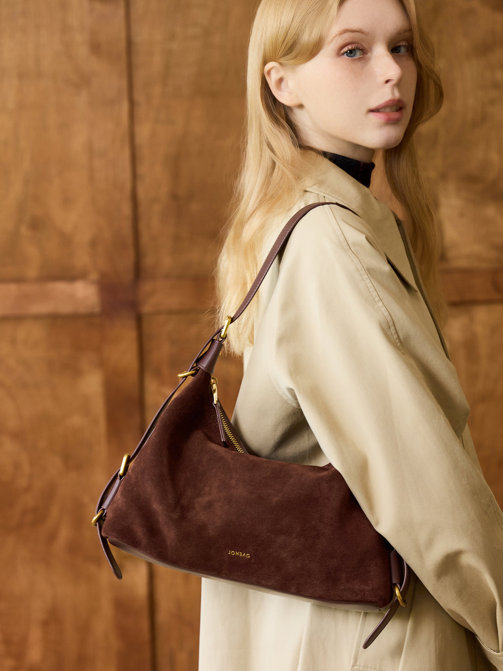 Leather Hobo Bag with Ring Buckle